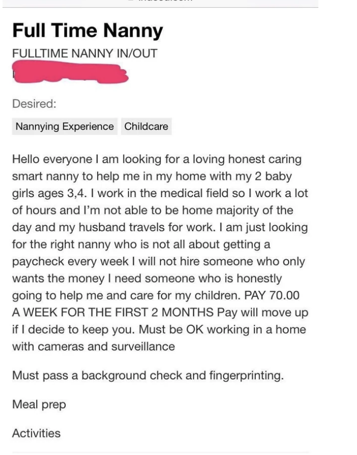 Job posting for a full-time nanny with desired experience in childcare for two young girls, offering a negotiable salary and potential for a permanent role
