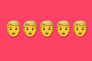 Five identical emoji faces with a neutral expression on a pink background