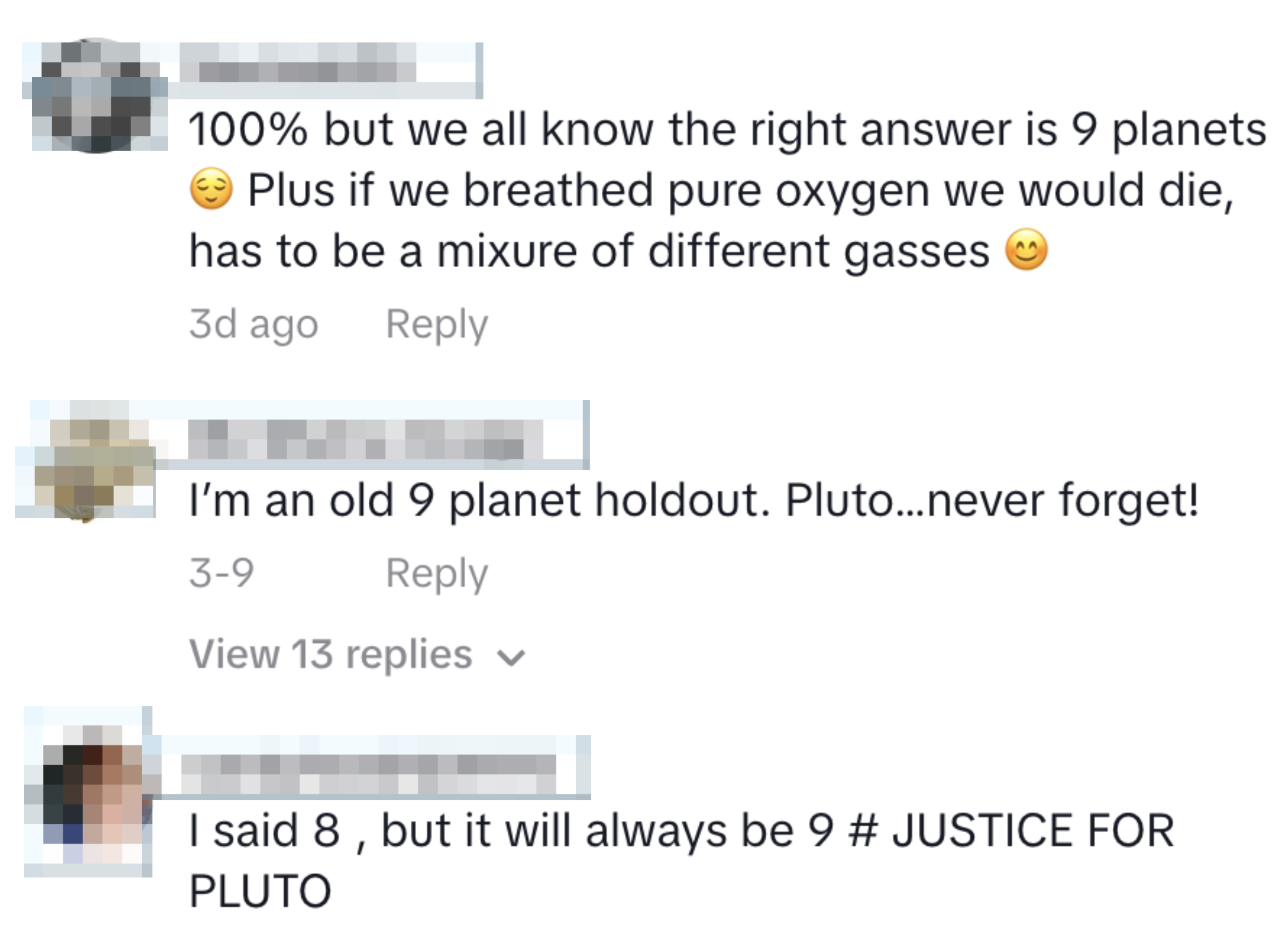 Image of a social media post with comments debating whether there are 9 planets, mentioning Pluto and the danger of breathing pure oxygen