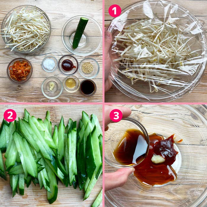 料理の材料と手順を示す4枚の画像。1: もやしと調味料、2: きゅうりのスライス、3: ソースの調合。