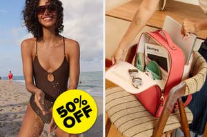 Woman in a swimsuit on the left and an open bag showing items inside on the right with a "50% OFF" sticker overlay