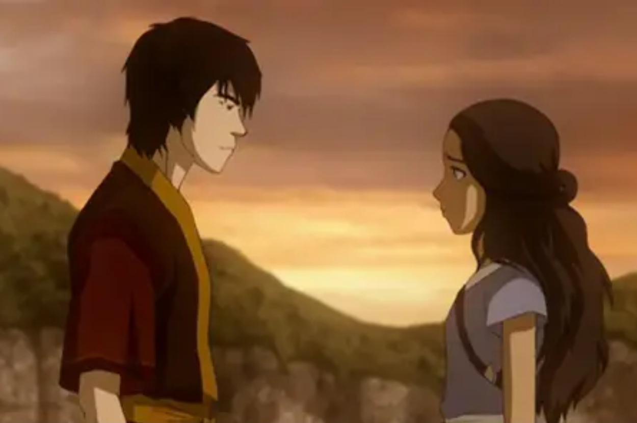 Zuko and Katara from Avatar: The Last Airbender converse, with a sunset backdrop