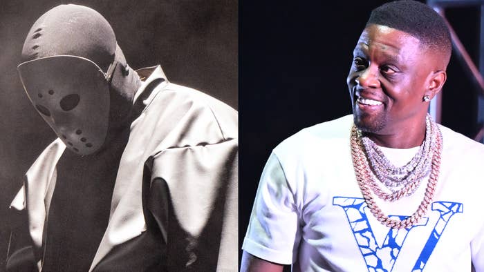 Ye in hockey mask on left, artist Boosie Badazz on right at a music event