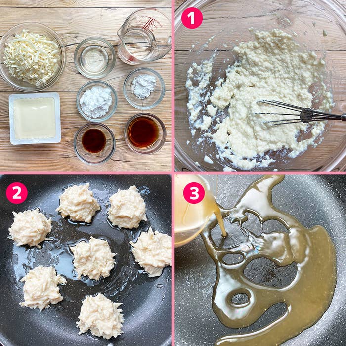 材料と調理段階を示す4枚の画像。液体を混ぜる工程、生地をフライパンに置く工程