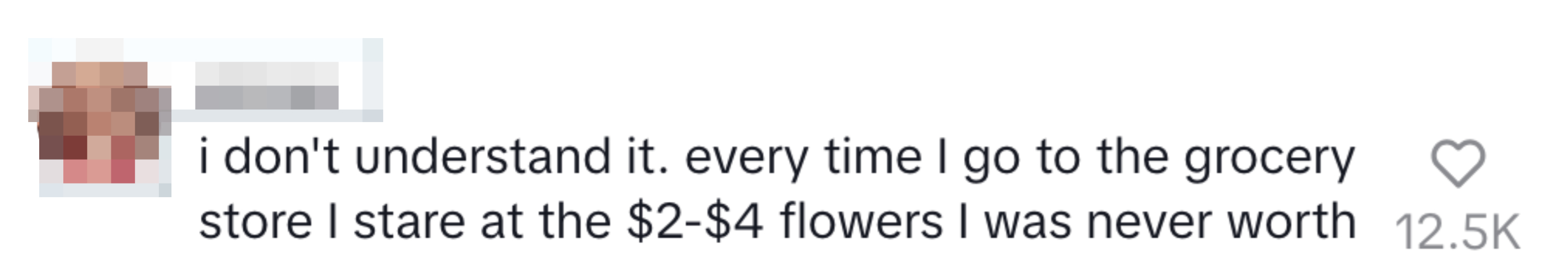 The image is a screenshot of a social media post by a user named minnie, expressing confusion about her own self-worth compared to low-cost grocery store flowers, with a heart symbol and 2.5K likes