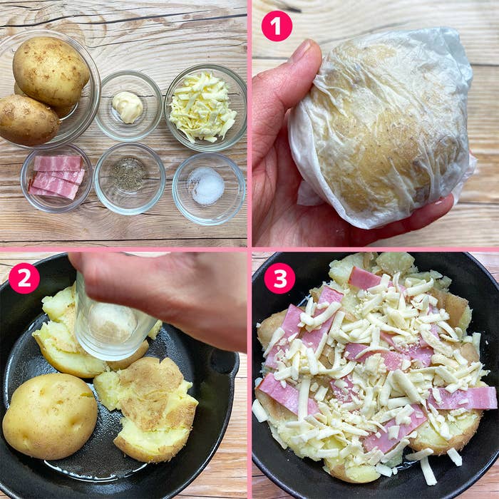 ポテト、チーズ、ベーコン、調味料を材料にするレシピ手順の写真です。