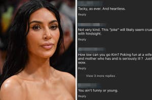Kim Kardashian in a deep V neck top vs reactions to Kim Kardashian's Kate Middleton joke from Kim's comment section