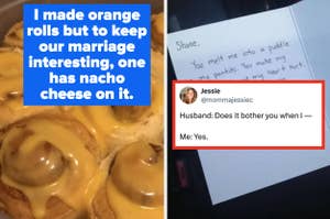 A tray of cinnamon rolls, one with nacho cheese, and a humorous note exchange between a couple
