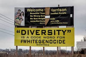 Billboard with a controversial statement on diversity, promoting a website