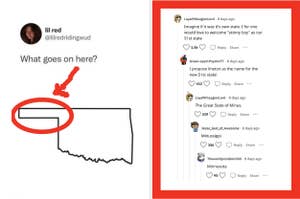 A person asking about the Oklahoma panhandle with Reddit comments joking it should be the 51st state and called "Skinny Boy" or "Minusota"