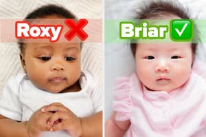 Two babies side-by-side, one marked with a red X over "Roxy," the other with a green check over "Briar."