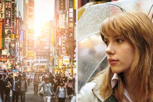 Two images: Left shows a bustling city street with neon signs. Right depicts a woman with an umbrella, possibly a character