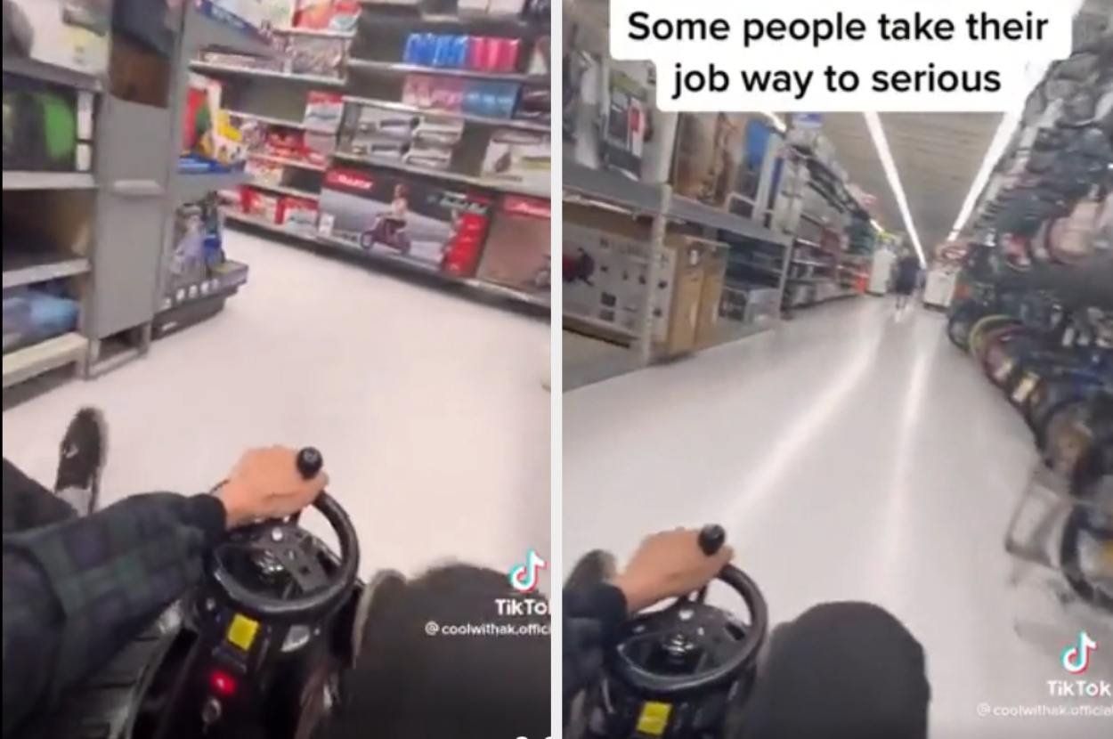 a person riding a go-kart in Walmart
