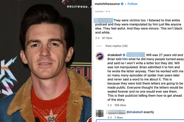 Drake Bell poses at an event; screen capture of Instagram comments discussing allegations against him