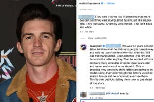 Drake Bell poses at an event; screen capture of Instagram comments discussing allegations against him