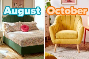 On the left, a bed with floral sheets labeled August, and on the right, an armchair in a living room labeled October