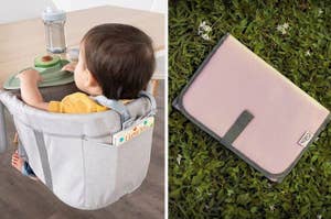on left: baby model in portable highchair, on right: foldable diaper changing station