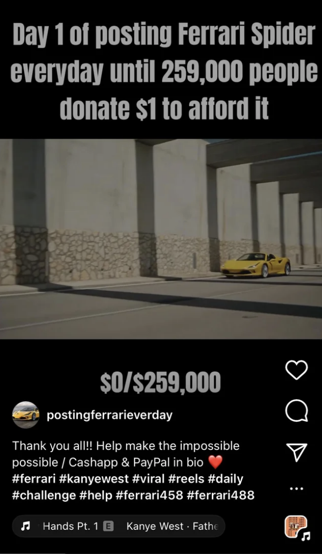 Person holding sign pledging to post a Ferrari image daily until receiving enough donations for one