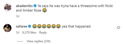 Instagram comments between users &#x27;akademiks&#x27; and &#x27;safaree&#x27; discussing a rumor about celebrities