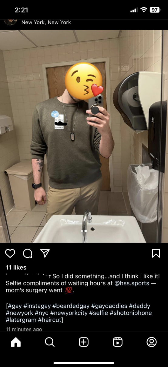 A person taking a selfie while posting that their mom is having surgery