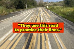An image showing a road with multiple disorganized yellow traffic lines and a humorous caption on its usage