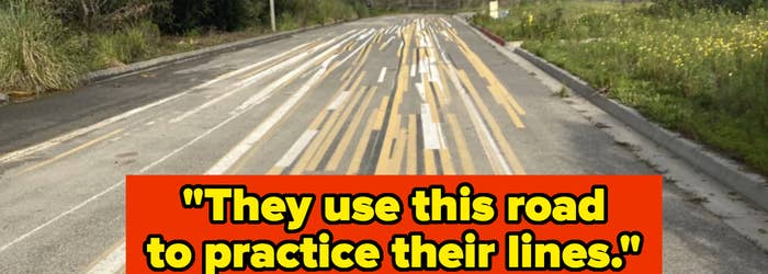 An image showing a road with multiple disorganized yellow traffic lines and a humorous caption on its usage