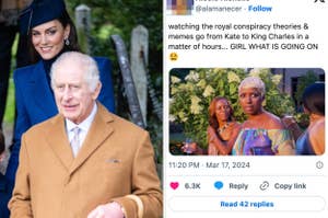 Two-panel image: Left, Kate Middleton in a hat; Right, tweet about royal theories with a meme of a confused woman