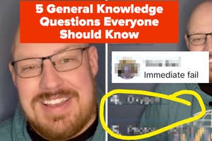 Two men smiling in a video thumbnail with text "5 General Knowledge Questions Everyone Should Know" and graphical elements