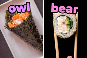 On the left, a sushi hand roll labeled owl, and on the right, a slice of California roll in between chopsticks labeled bear