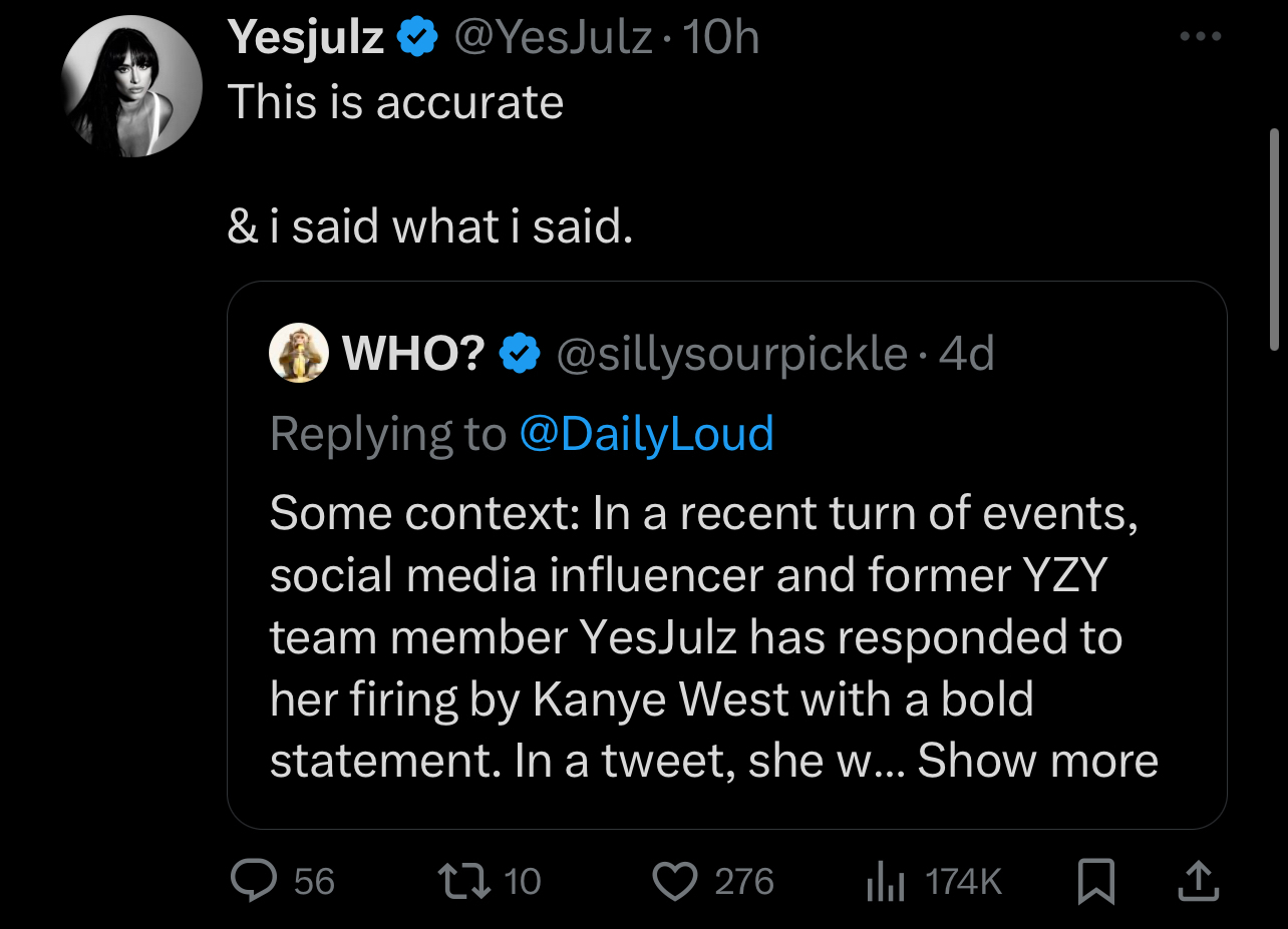 Tweet by YesJulz agreeing with a response to a post about Kanye West&#x27;s hiring history, with engagement stats