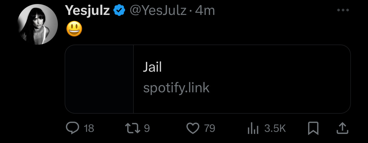 Tweet from YesJulz with a smiley emoji featuring a Spotify link labeled &quot;Jail&quot; and engagement statistics