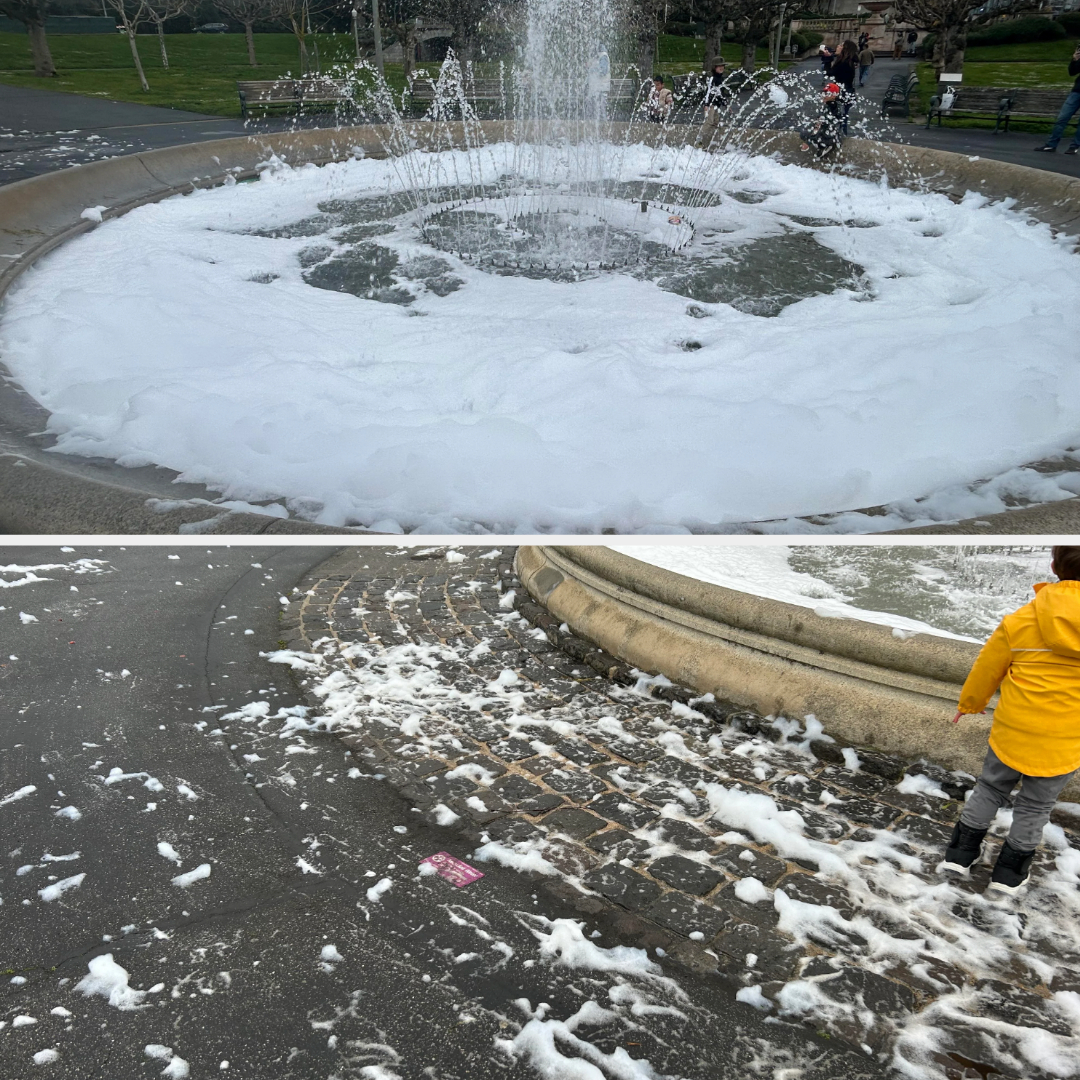 Two images: Top shows a fountain with water partially covered in foam. Bottom is a child near a foamy fountain&#x27;s edge