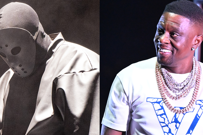 Ye in hockey mask on left, artist Boosie Badazz on right at a music event
