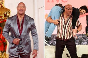 Dwayne Johnson in a satin suit at an event. Another scene shows him playfully carrying Kevin Hart