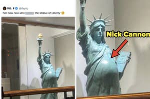 Meme overlaying text "Nick Cannon" with an arrow on an inflated Statue of Liberty model to humorously imply paternity
