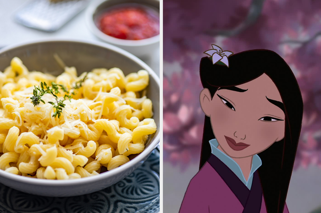 A bowl of macaroni and cheese; animated character Mulan with a flower in her hair standing by cherry blossoms