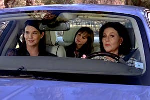 Lorelai and Rory in the car while Emily drives.