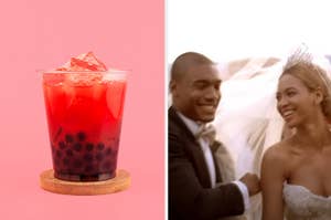 A beverage with boba pearls and a smiling wedding couple sharing a moment