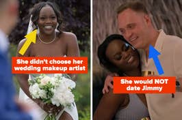 Split-screen of a bride smiling and a couple embracing, with overlaid text about wedding makeup and dating choices