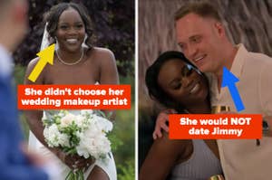 Split-screen of a bride smiling and a couple embracing, with overlaid text about wedding makeup and dating choices