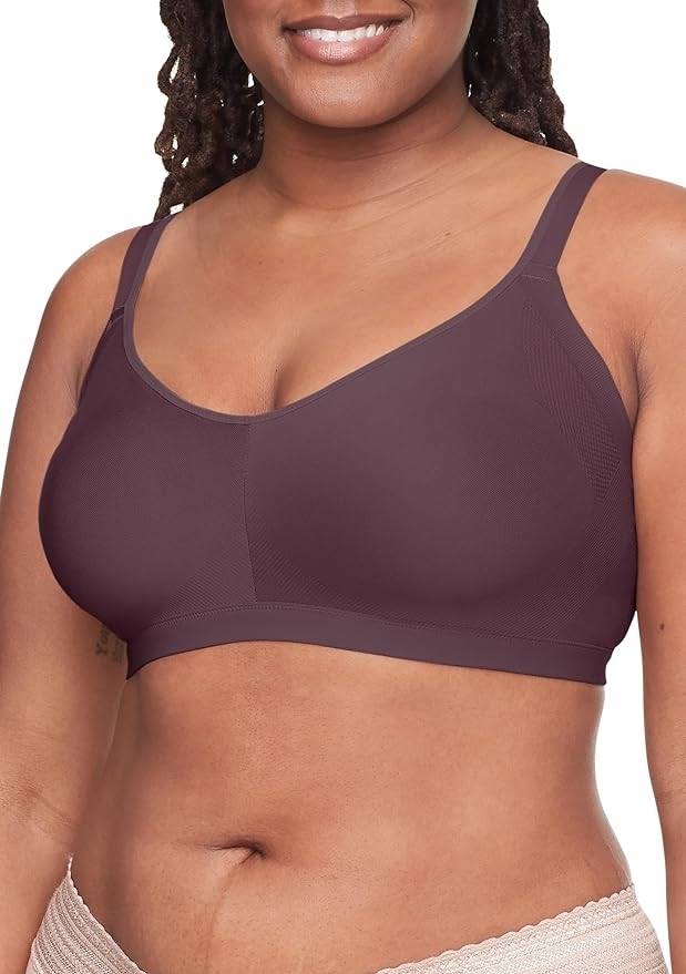 Woman wearing a seamless, supportive bra suitable for shopping comfort and fit