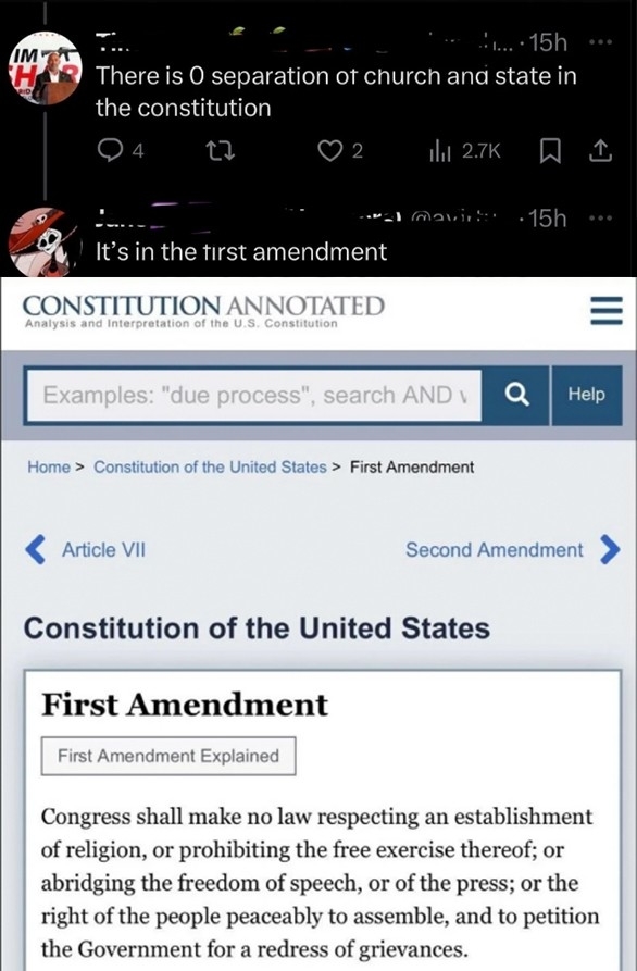 Screenshot of the U.S. Constitution highlighting the First Amendment on freedom of religion, speech, press, assembly, and petition