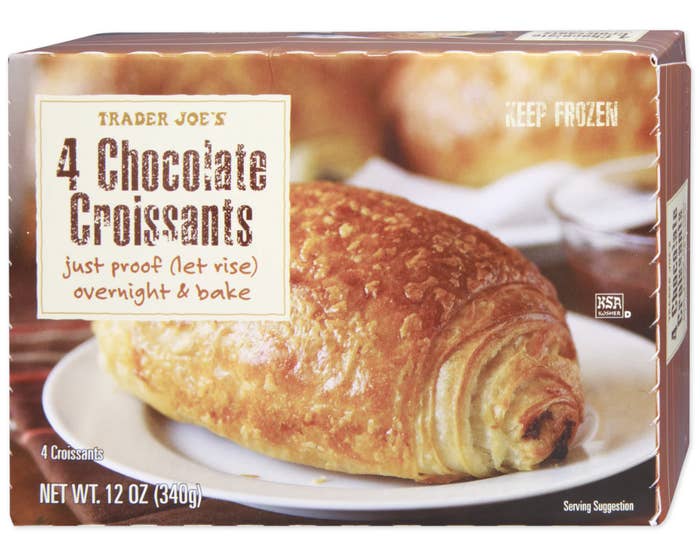 Trader Joe's packaging for 4 Chocolate Croissants, instructs to proof overnight and bake