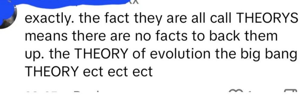 Text from a social media comment debating theories without facts, mentioning evolution and big bang
