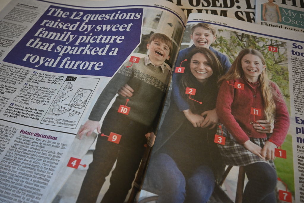 The image shows a newspaper article with a photo of royal family members smiling