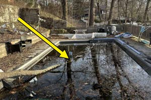 Backyard with a neglected pool, surrounded by furniture and debris. Arrow points to a submerged object