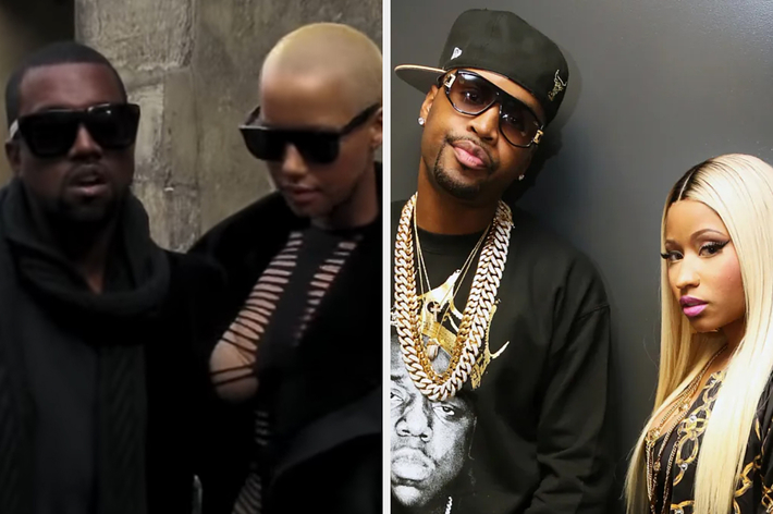 Two separate photos, left shows Kanye West in a black scarf with a person, right shows Nicki Minaj and another artist posing