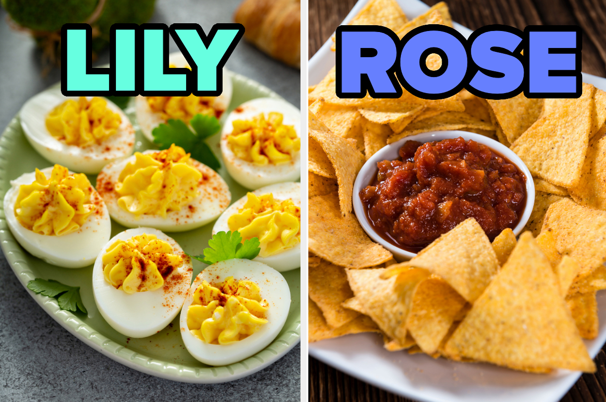 On the left, a plate of deviled eggs labeled lily, and on the right, some chips and salsa labeled rose