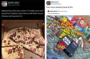 Left: A custom pizza with toppings but missing cheese and sauce. Right: Assortment of snacks and games on a bed