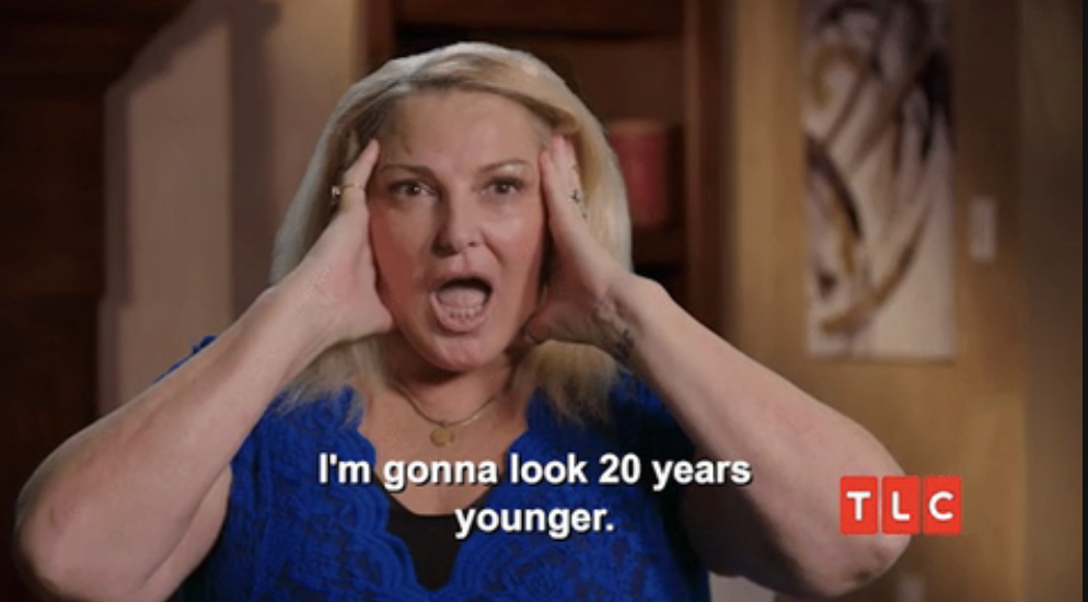 Woman with hands on cheeks in excitement, text: &quot;I&#x27;m gonna look 20 years younger.&quot;